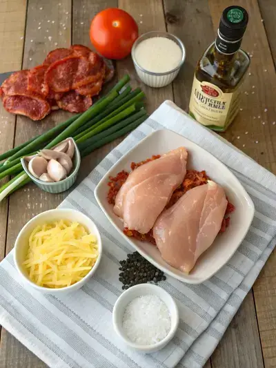 Ingredients for Monterey chicken displayed on a kitchen table, including chicken, spices, bacon, cheese, tomatoes, and green onions.