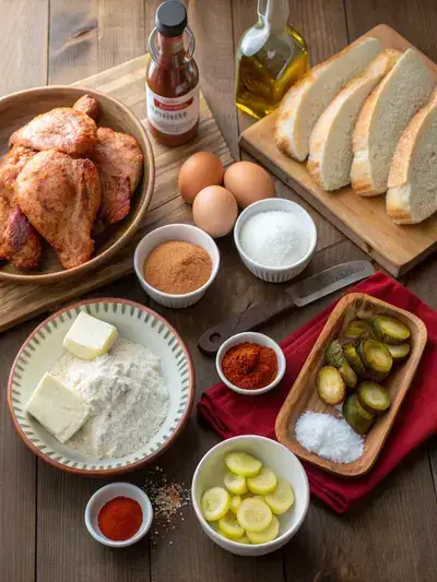 Ingredients for Nashville hot chicken displayed on a kitchen table, including chicken, spices, and bread.