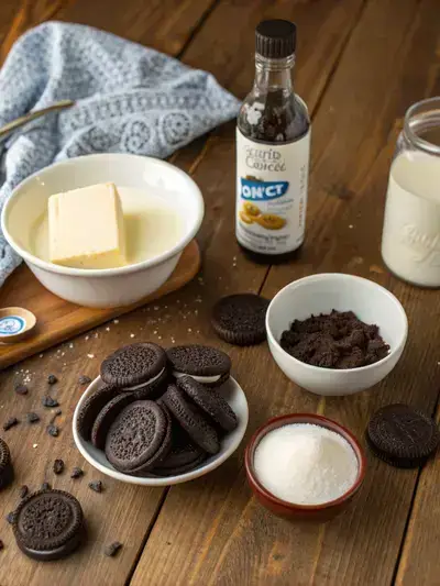 Ingredients for No Bake Oreo Dessert displayed on a kitchen table, including Oreo cookies, cream cheese, and whipped cream.