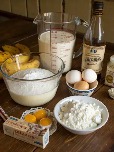 Ingredients for not yo mama's banana pudding displayed on a kitchen table, including milk, sugar, cornstarch, egg yolks, vanilla extract, whipped cream, powdered sugar, vanilla wafers, and sliced bananas.
