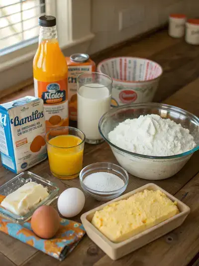 Ingredients for orange creamsicle poke cake displayed on a kitchen table.