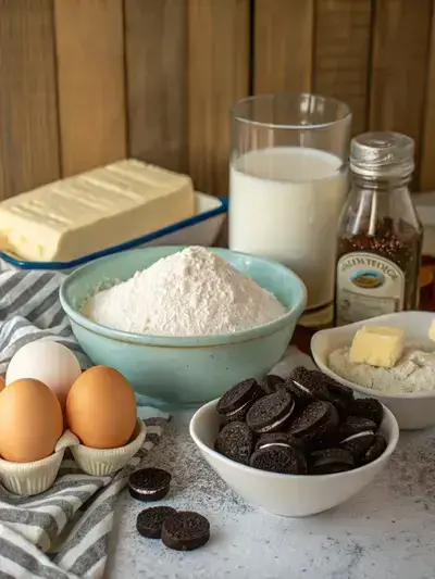 Ingredients for oreo bundt cake displayed on a kitchen table.
