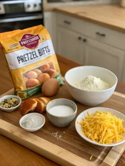 Ingredients for pretzel bites with cheese displayed on a kitchen table.