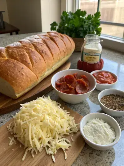 Ingredients for Pull Apart Pizza Bread including crusty bread, mozzarella cheese, pepperoni, pizza sauce, butter, garlic, Italian seasoning, and parsley.