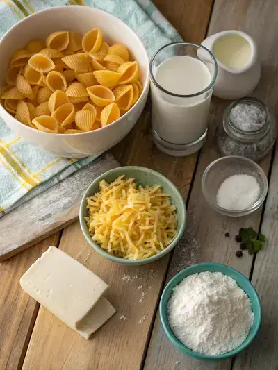 Ingredients for shells and cheese displayed on a kitchen table.