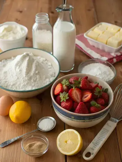 A collection of ingredients for making Strawberry Shortcake Cake displayed on a kitchen table.