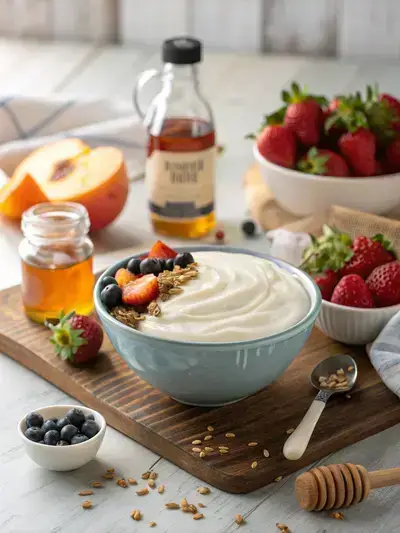 Ingredients for whipped yogurt displayed on a kitchen table, including Greek yogurt, honey, vanilla extract, salt, fresh fruits, and granola.