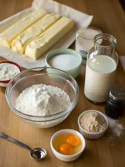Baking ingredients for a 4 inch cake displayed on a kitchen table.
