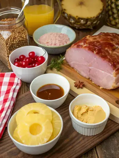 Ingredients for Hawaiian Ham displayed on a kitchen table, including ham, pineapple juice, brown sugar, honey, mustard, soy sauce, cloves, and garnishes.