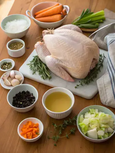 A frozen whole turkey with various fresh ingredients on a kitchen table.