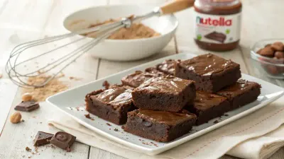Delicious 3 ingredient brownies on a rustic wooden table with Nutella and a mixing bowl in the background.