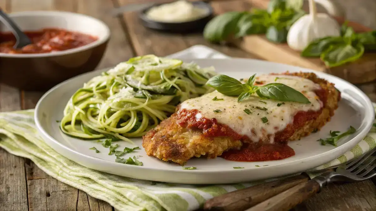 Delicious keto chicken parmesan with marinara sauce and melted cheese, garnished with basil.