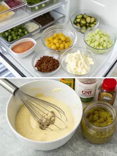 Step-by-step process of making Big Mac sauce, showcasing ingredients, mixing, and chilling.