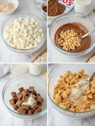 Step-by-step process of making Butterfinger Puppy Chow, including melting chocolate, mixing ingredients, coating cereal, and adding Butterfinger pieces.