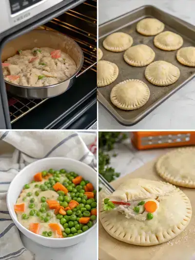 Step-by-step process of making chicken pot pie hand pies, including preheating the oven, sautéing vegetables, preparing the filling, and cutting pie crusts.
