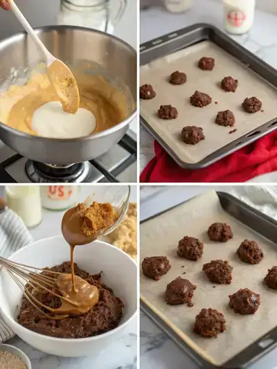 Step-by-step process of making chocolate peanut butter no bake cookies, including lined baking sheet, saucepan with ingredients, adding peanut butter, and dropping cookie mixture.