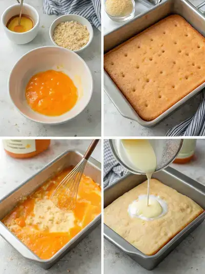Step-by-step process of making orange creamsicle poke cake, including mixing ingredients, baking, and preparing the cake for soaking.