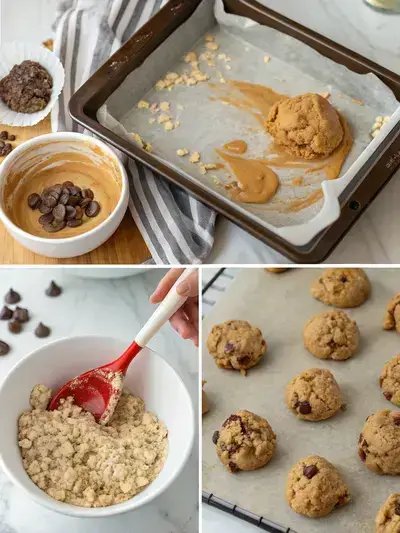 Step-by-step process of making peanut butter oatmeal chocolate chip cookies, including mixing ingredients and preparing dough.