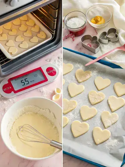 Step-by-step process of making VALENTINE COOKIES, including preheating the oven, creaming butter and sugar, rolling out dough, and cutting heart shapes.