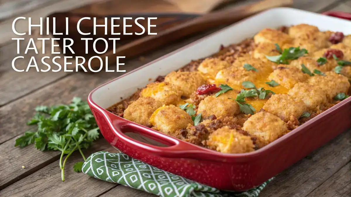 Chili Cheese Tater Tot Casserole with crispy tater tots and melted cheese