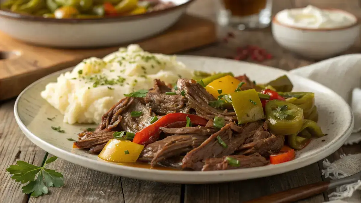 Mississippi pot roast with pepperoncini and mashed potatoes
