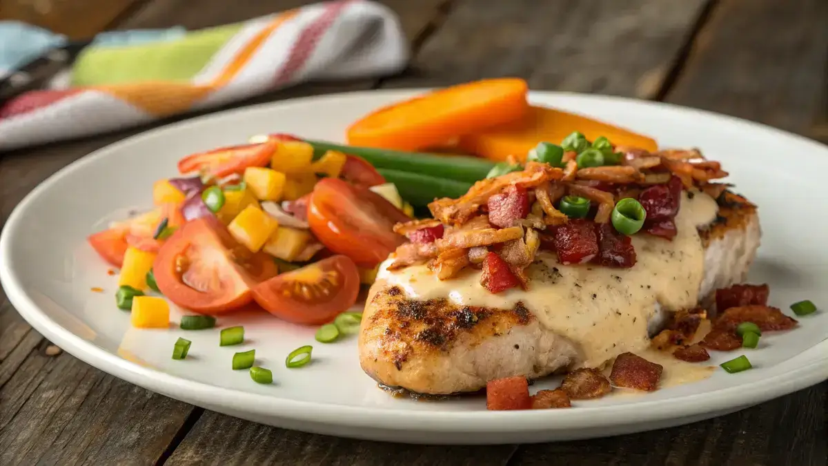 Delicious Monterey Chicken topped with bacon and cheese, garnished with green onions.