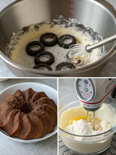 Step-by-step process of making an oreo bundt cake, including preheating the oven, mixing ingredients, and pouring batter into a bundt pan.