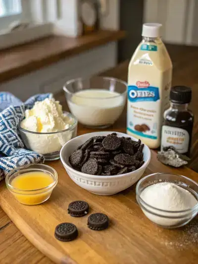 Ingredients for Oreo Lasagna displayed on a kitchen table, including crushed Oreos, cream cheese, and chocolate pudding mix.