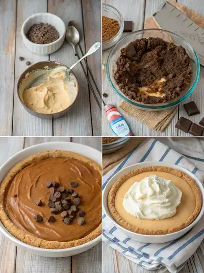 Step-by-step preparation of Peanut Butter Cup Pie, showcasing the oven, crust preparation, filling mixing, and final pie assembly.