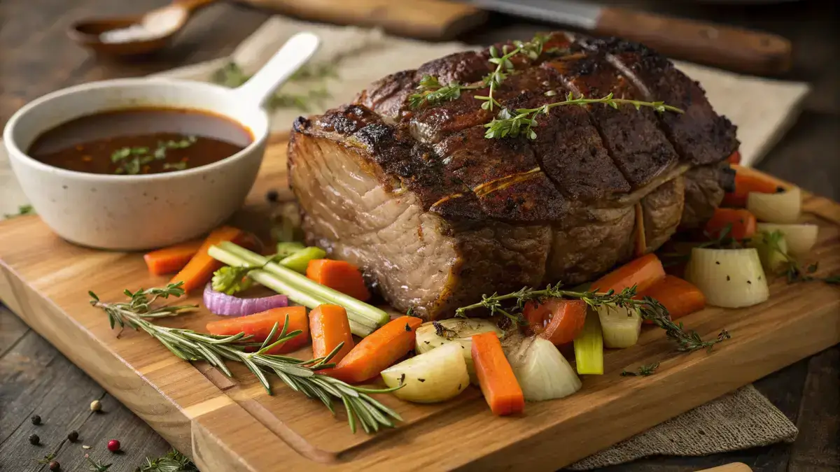 Delicious chuck eye roast with sautéed vegetables on a cutting board.