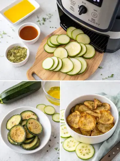 Step-by-step preparation of air fryer zucchini chips, showcasing preheating, slicing, tossing with olive oil, and the final crispy chips.