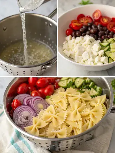 Step-by-step preparation of BOW TIE PASTA SALAD, including cooking pasta, draining, mixing ingredients, and dressing the salad.