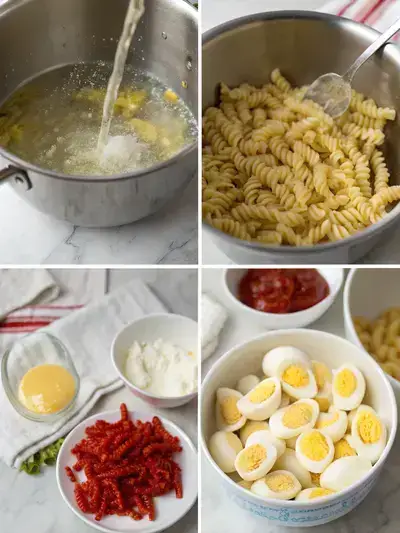 Step-by-step preparation of DEVILED EGG PASTA SALAD, showcasing cooking pasta, preparing eggs, making dressing, and combining ingredients.