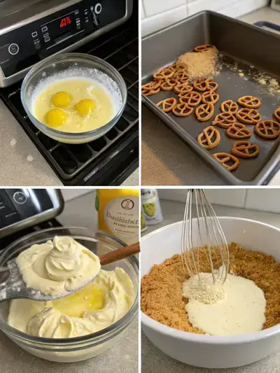 Step-by-step preparation of Lemon Pretzel Dessert, showcasing the crust, cream cheese layer, and lemon pudding layer.