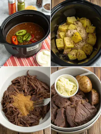 Step-by-step preparation of Mississippi Pot Roast, showcasing the roast in a slow cooker, seasoning, butter and peppers, and the final dish served with mashed potatoes.