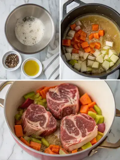 Step-by-step preparation of osso buco, showcasing veal shanks being seasoned, dredged, browned, and sautéed with vegetables.
