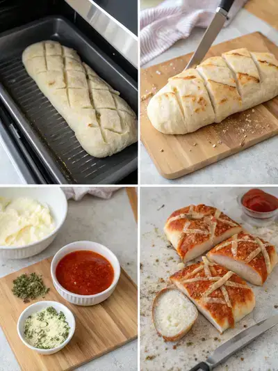 Step-by-step preparation of Pull Apart Pizza Bread, showcasing the process from cutting the bread to adding toppings.