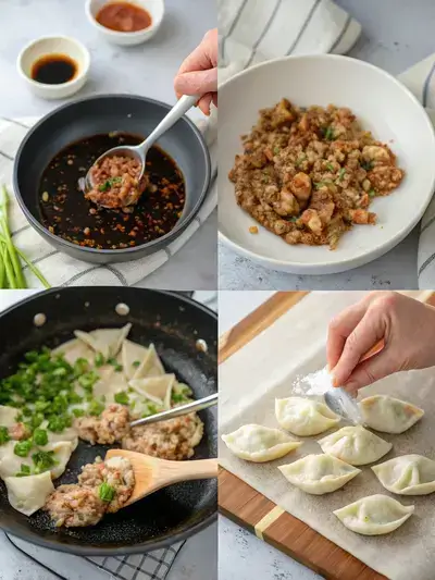 Step-by-step preparation of szechuan dumplings, showcasing the filling, filling the wontons, cooking in a skillet, and making the sauce.