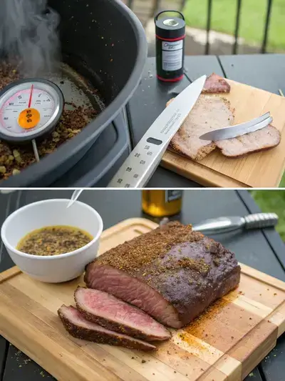 Step-by-step preparation of whole brisket, including preheating, trimming, seasoning, and cooking.