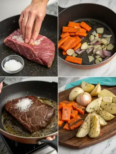 Step-by-step process of preparing beef chuck steak, including seasoning, searing, and sautéing vegetables.