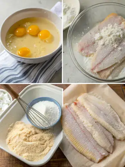 Step-by-step process of preparing catfish fillets, including rinsing, whisking egg mixture, mixing dry ingredients, and coating fillets.