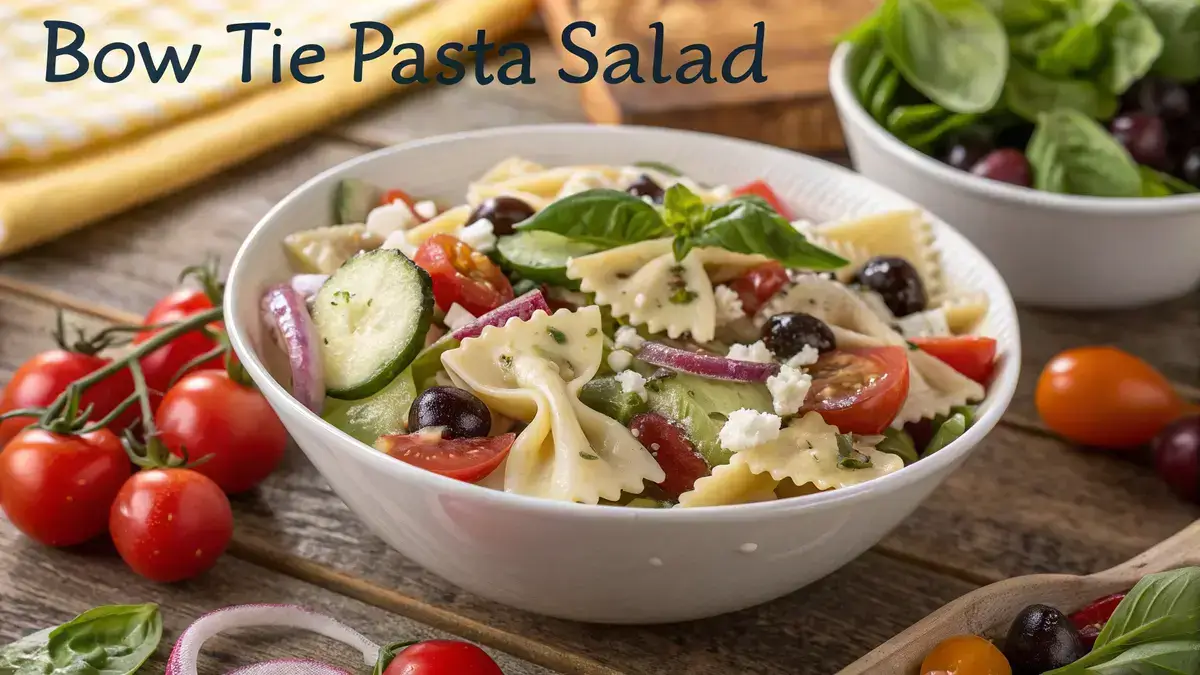A delicious BOW TIE PASTA SALAD with colorful vegetables and feta cheese in a bowl.
