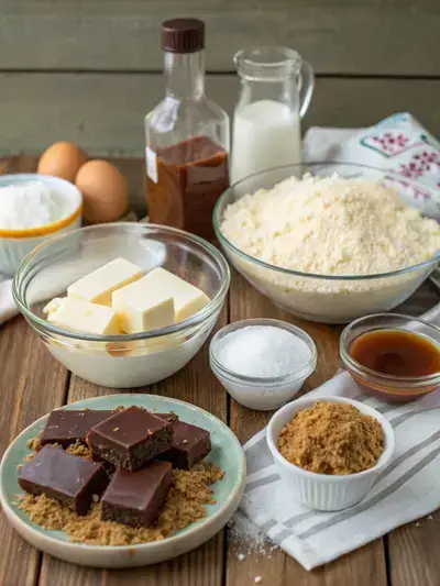 Ingredients for Samoa cheesecake displayed on a kitchen table.