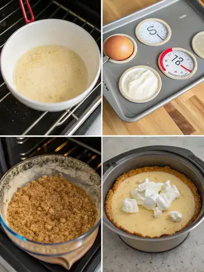 Step-by-step process of making Samoa cheesecake, including preheating the oven, preparing the crust, mixing the batter, and baking.