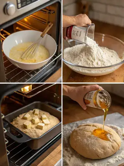 Step-by-step process of making Beer Bread, showcasing ingredients and preparation steps in a rustic kitchen setting.
