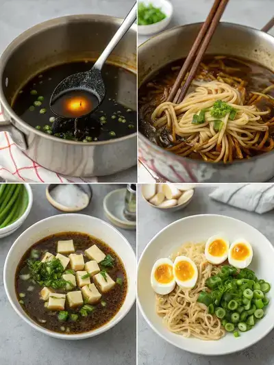 Step-by-step process of preparing black garlic ramen, including broth preparation, adding black garlic oil, cooking noodles, and assembling bowls with toppings.