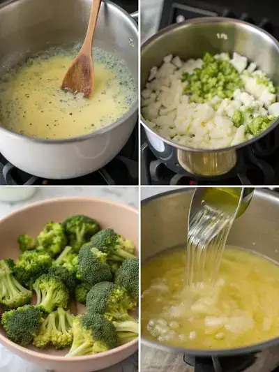 A step-by-step visual guide to making broccoli soup, featuring melted butter, sautéed onions and garlic, chopped broccoli with broth, and blending the soup.