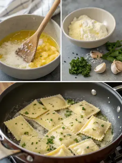A step-by-step visual guide to making cheesy ravioli, showcasing cooking, mixing, and combining ingredients.