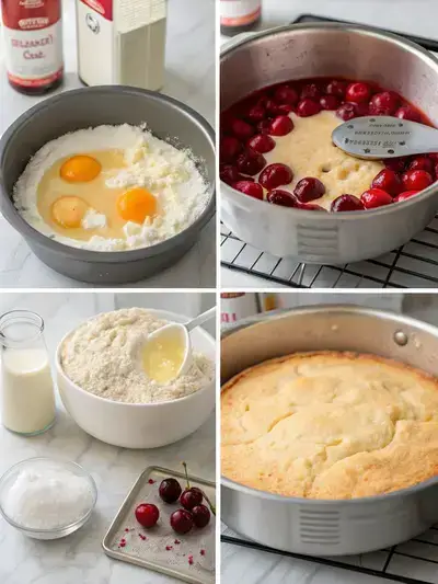 Step-by-step process of making cherry cake, divided into four sections showing preheating the oven, creaming butter and sugar, adding eggs and vanilla, and mixing dry ingredients.