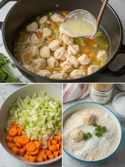 A step-by-step visual guide to making Chicken and Dumplings, featuring sautéed vegetables, chicken in broth, dumpling dough preparation, and cooking dumplings.